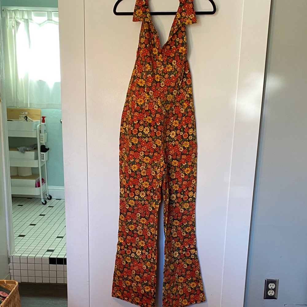 Women's Floral Halter Jumpsuit in Orange and Yellow